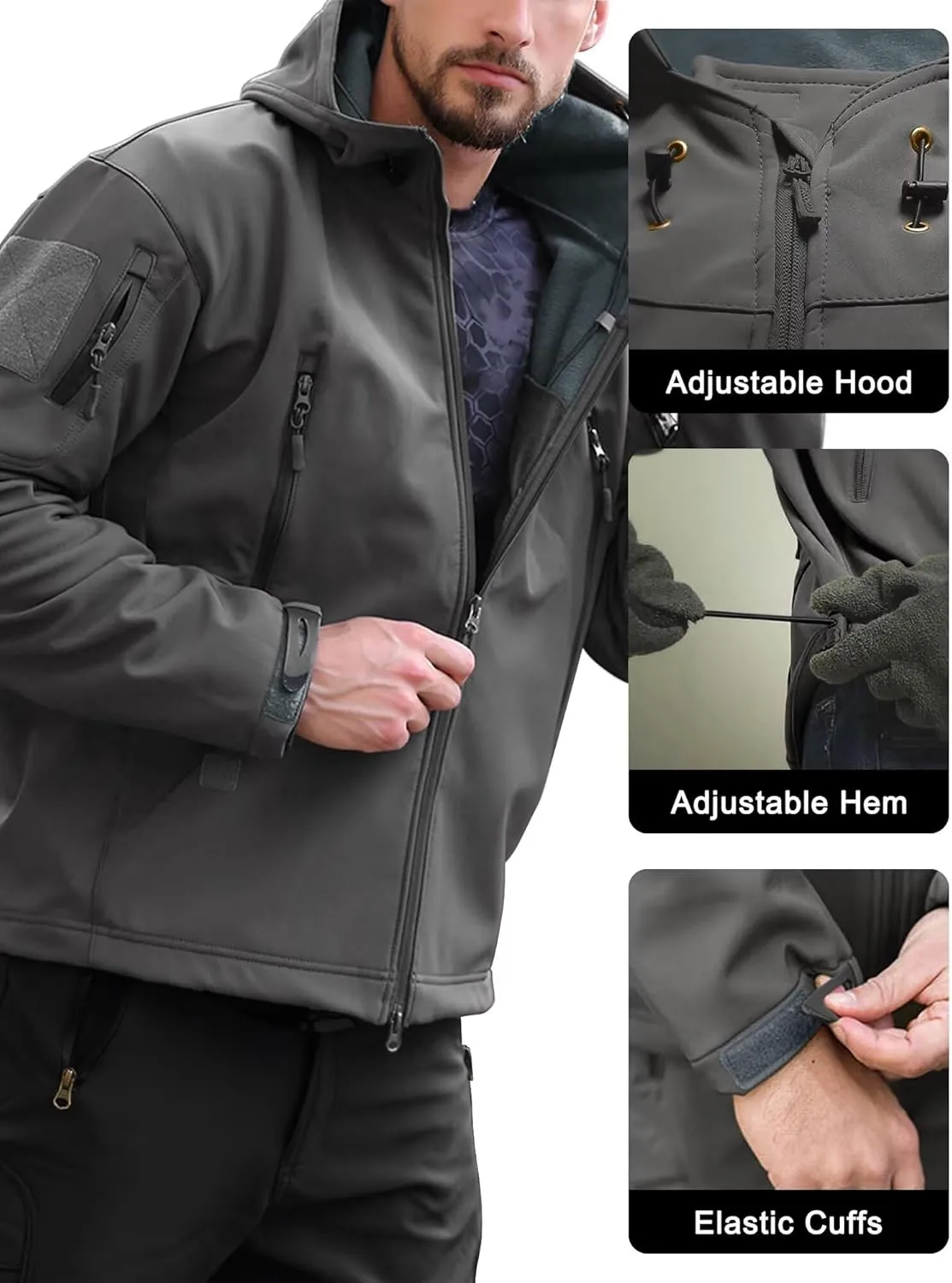 Men's Soft Shell Water-resistant Winter Jacket Fleece Lined 6 Pockets Hooded Tactical Jacket