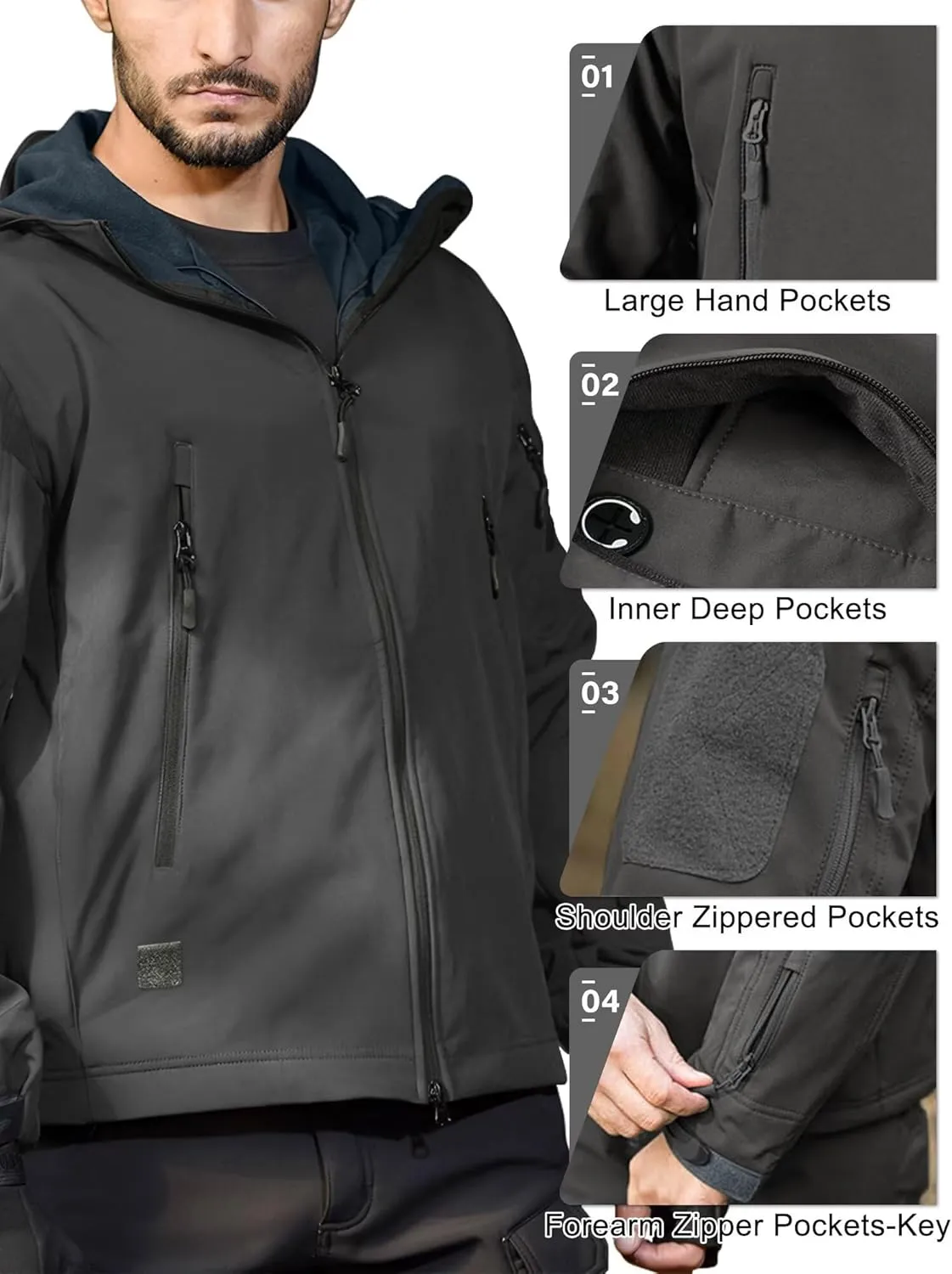 Men's Soft Shell Water-resistant Winter Jacket Fleece Lined 6 Pockets Hooded Tactical Jacket