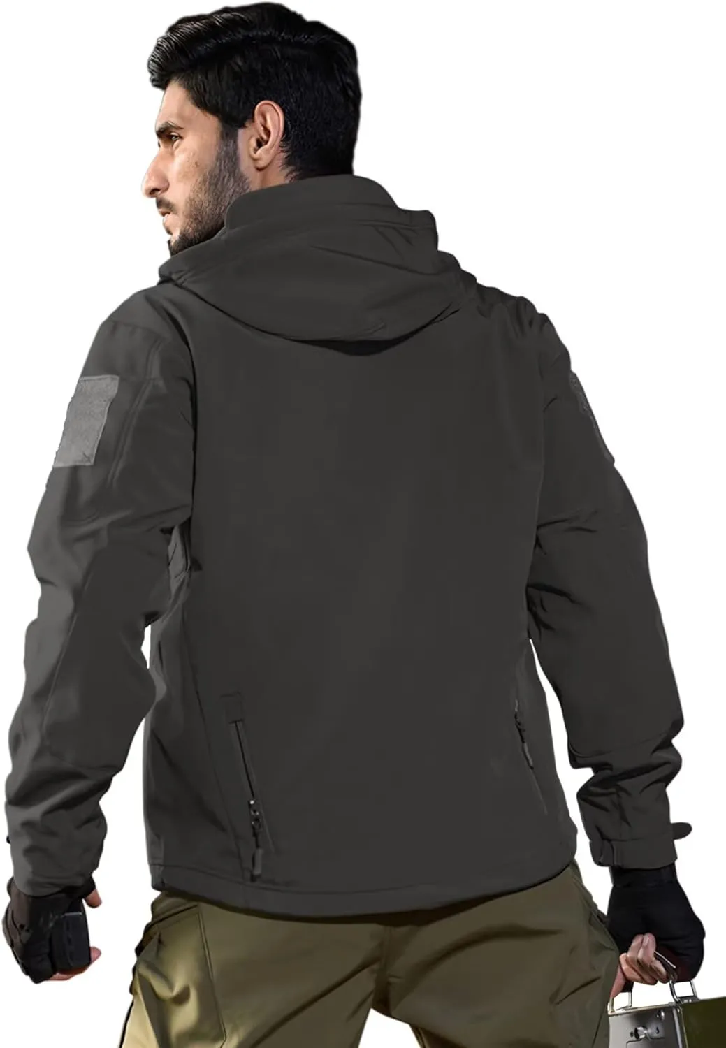 Men's Soft Shell Water-resistant Winter Jacket Fleece Lined 6 Pockets Hooded Tactical Jacket