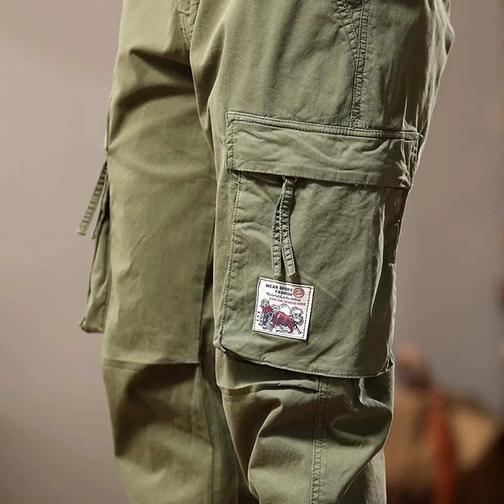 Men's Tactical Cargo Pants Drawstring Cotton Regular Fit Multi Pockets Work Trousers