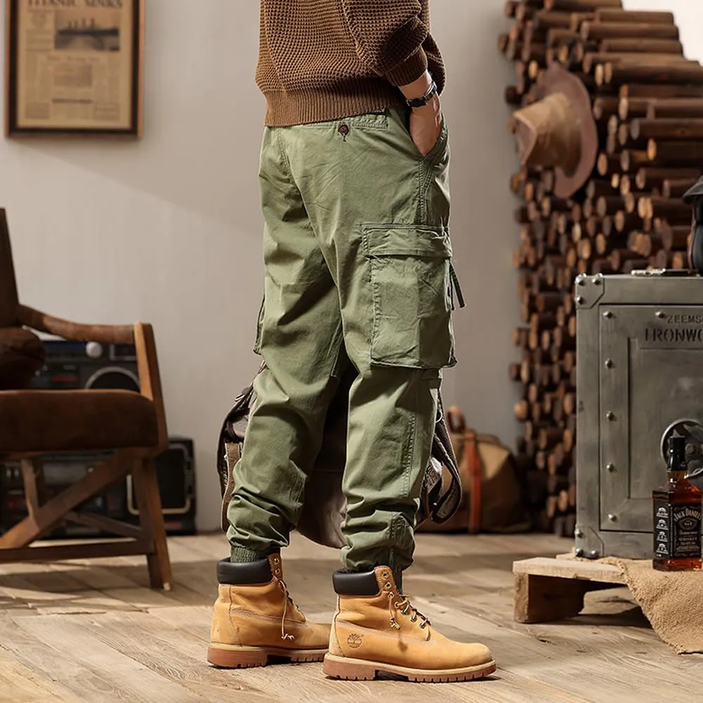 Men's Tactical Cargo Pants Drawstring Cotton Regular Fit Multi Pockets Work Trousers