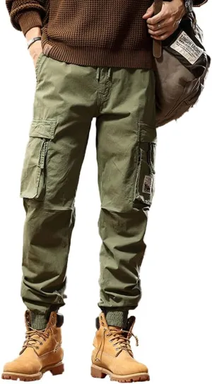 Men's Tactical Cargo Pants Drawstring Cotton Regular Fit Multi Pockets Work Trousers