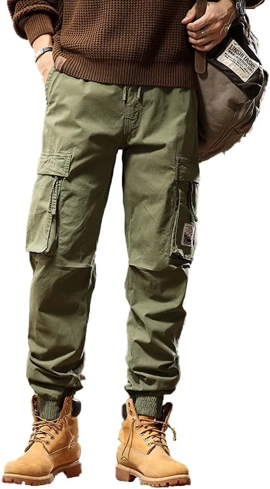 Men's Tactical Cargo Pants Drawstring Cotton Regular Fit Multi Pockets Work Trousers