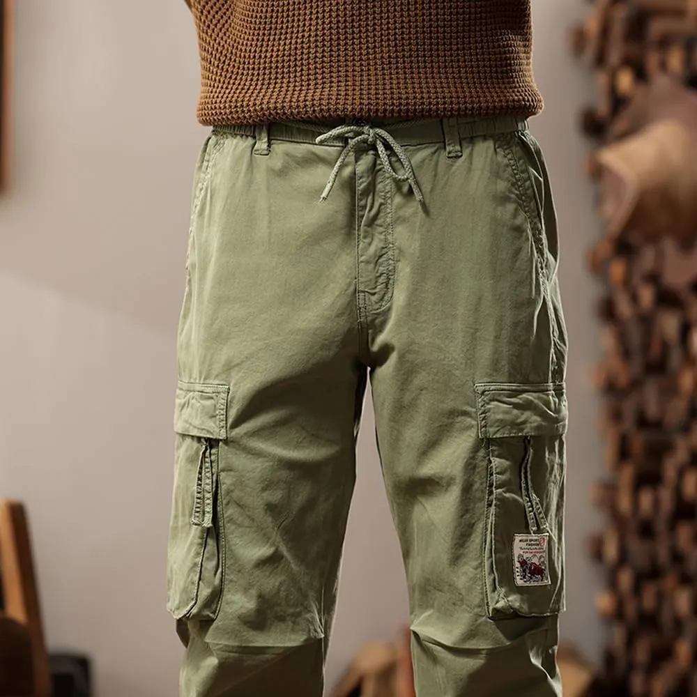 Men's Tactical Cargo Pants Drawstring Cotton Regular Fit Multi Pockets Work Trousers