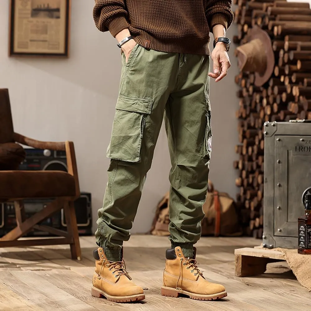 Men's Tactical Cargo Pants Drawstring Cotton Regular Fit Multi Pockets Work Trousers