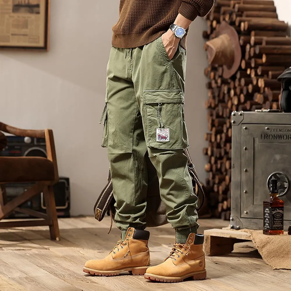 Men's Tactical Cargo Pants Drawstring Cotton Regular Fit Multi Pockets Work Trousers