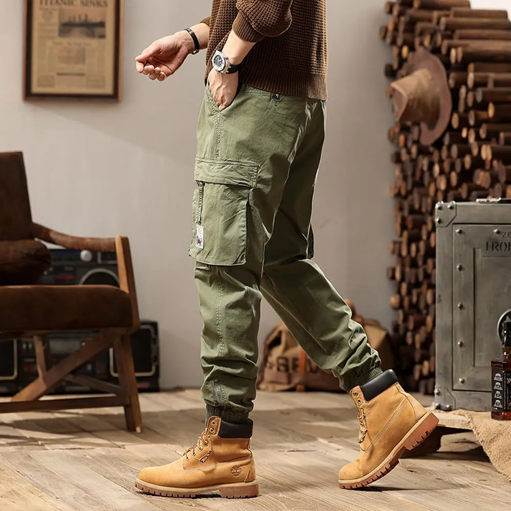 Men's Tactical Cargo Pants Drawstring Cotton Regular Fit Multi Pockets Work Trousers