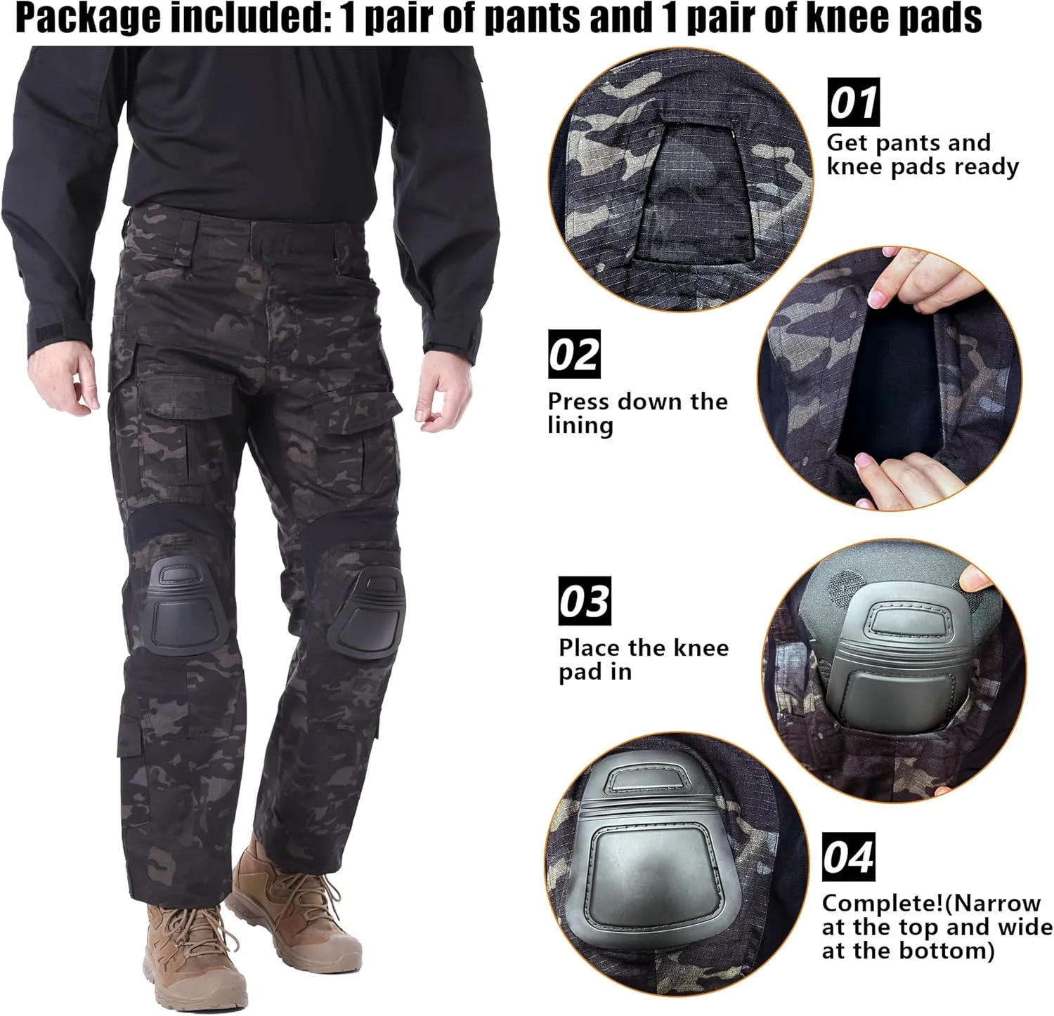 Men’s Tactical Pants with Knee Pads Waterproof G3 Combat Pants Camo Cargo Pants with 10 Pockets No Belt