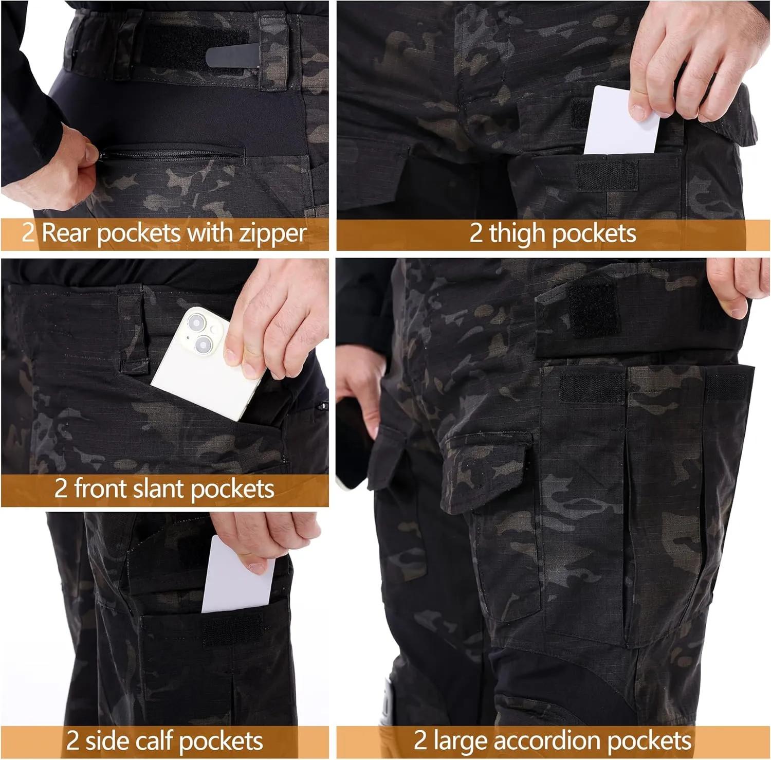 Men’s Tactical Pants with Knee Pads Waterproof G3 Combat Pants Camo Cargo Pants with 10 Pockets No Belt