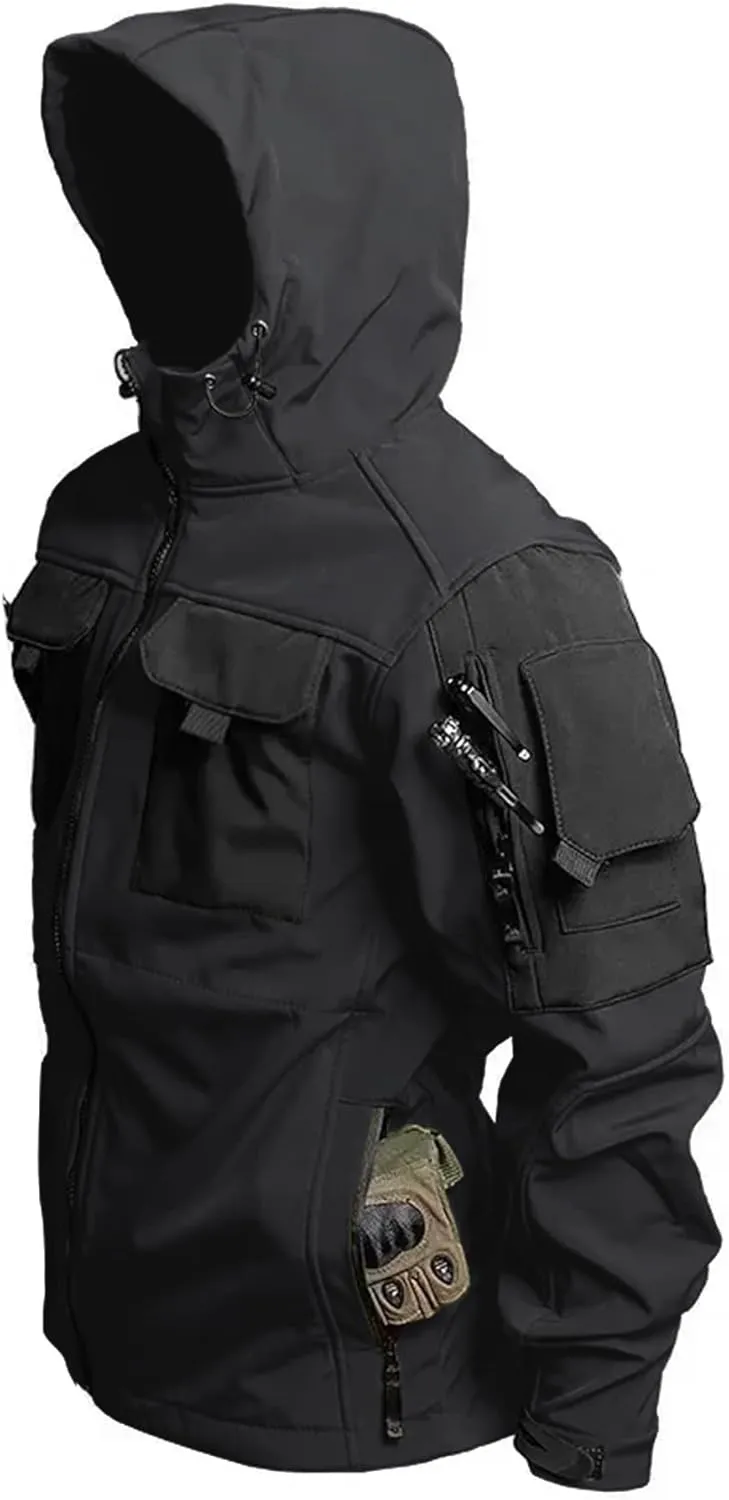 Men's Tactical Soft Shell Jacket Lightweight Water-Resistant Spring Fall Windbreaker Zip up Hooded Coat with Pockets
