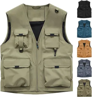 Mens Utility Casual Fishing Vests Multi Pockets Cargo Vest Travel Hunting Camping Outdoor Vest Tactical Outerwear