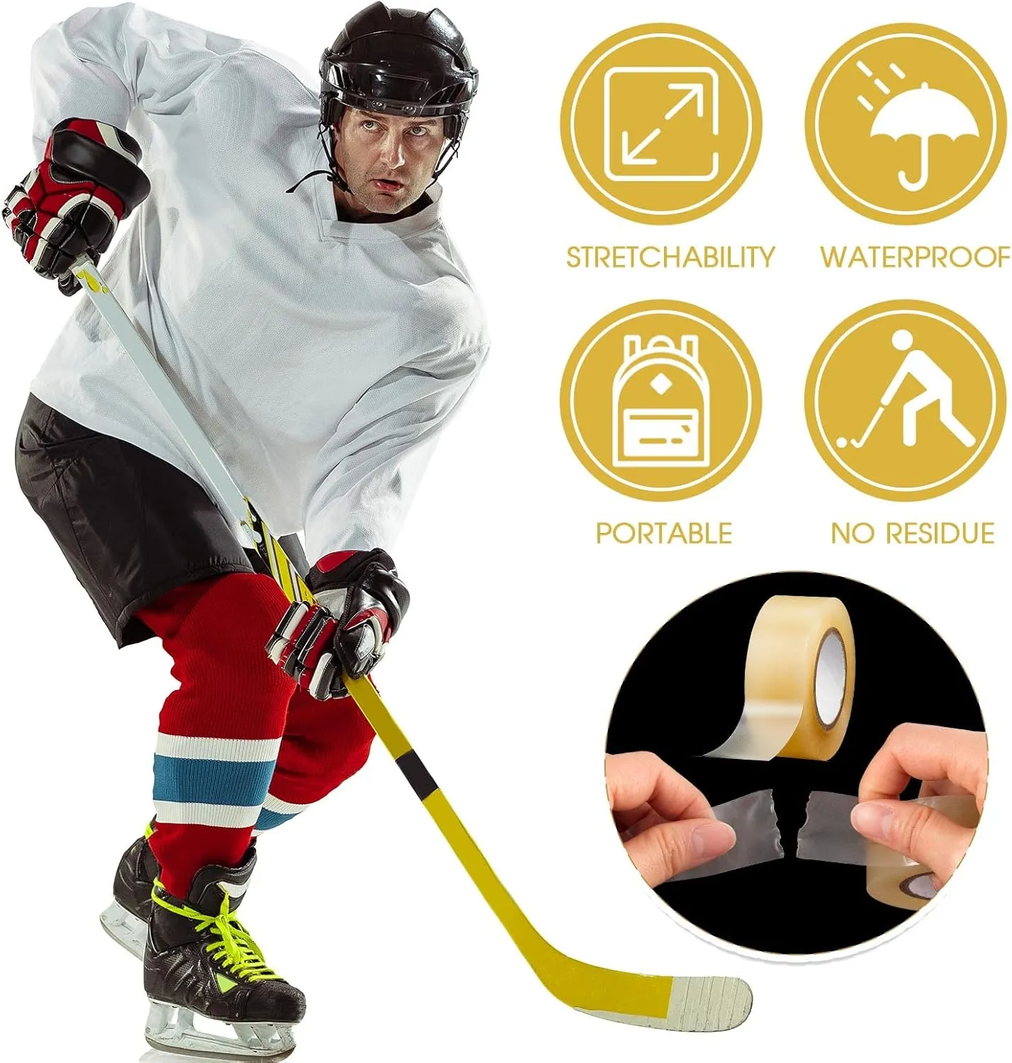 Meooeck 10 Rolls Multipurpose Hockey Tape Adhesive Shin Pad Sock Stick Tape for Ice Skate Sports Hockey Gifts Gear Equipment