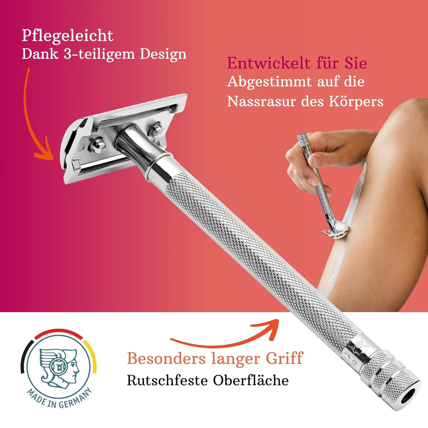 MERKUR 24C Safety Razor For Women with 10 Double Edge Blades | Extra Long Handle | Three-piece Razor | Straight Cut | Bright Chrome Finish | Made in Germany