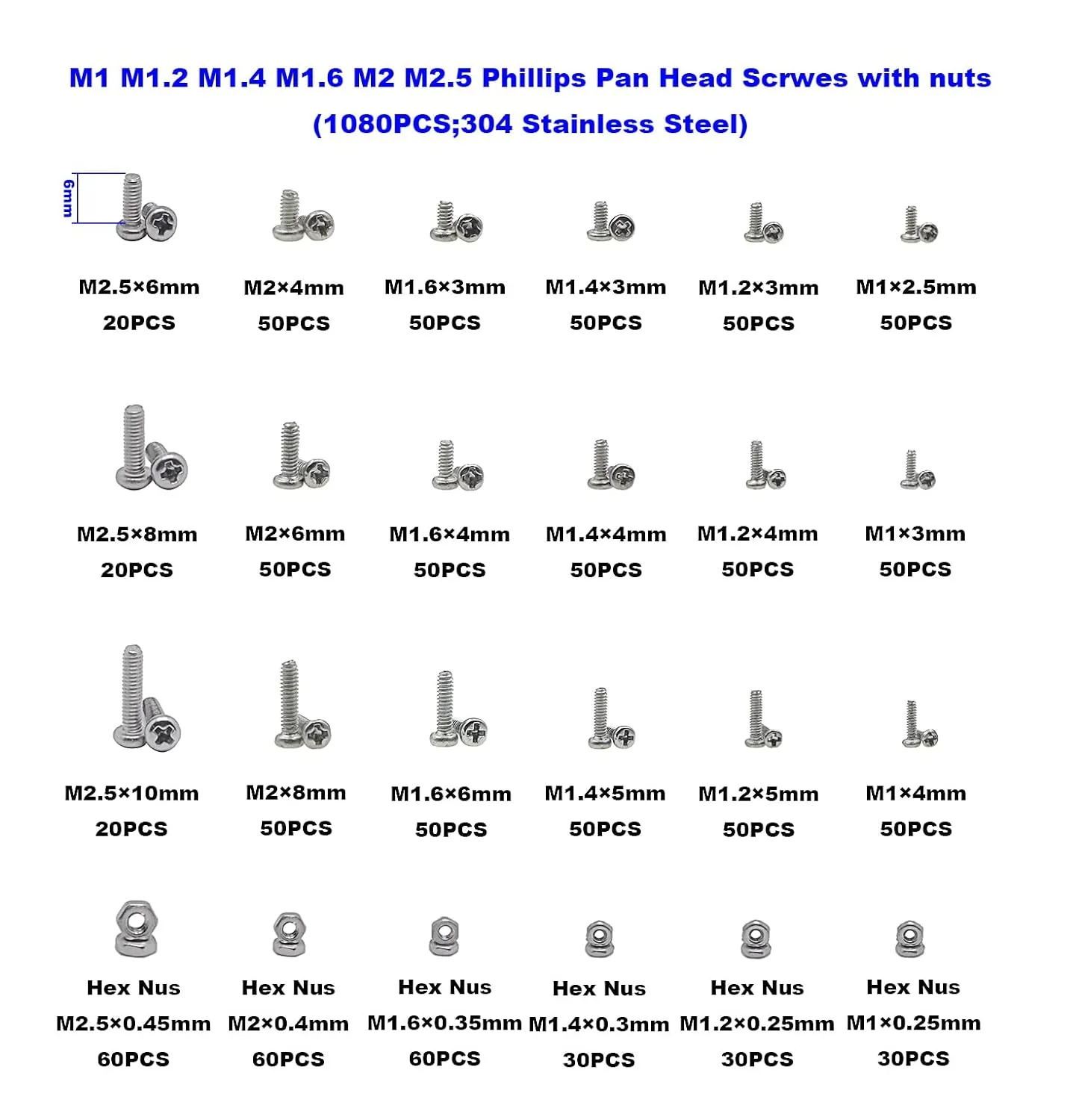 Metric M1 M1.2 M1.4 M1.6 M2 M2.5 304 Stainless Steel Phillips Pan Head Tiny Machine Screws Nuts Assortment Kit
