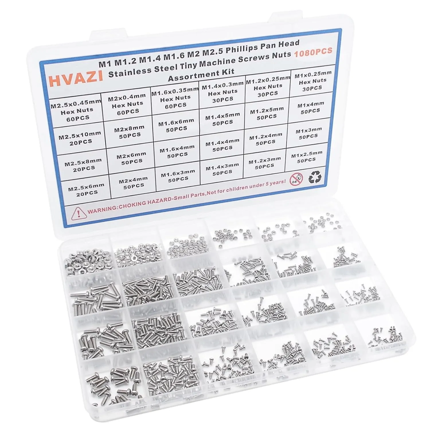 Metric M1 M1.2 M1.4 M1.6 M2 M2.5 304 Stainless Steel Phillips Pan Head Tiny Machine Screws Nuts Assortment Kit