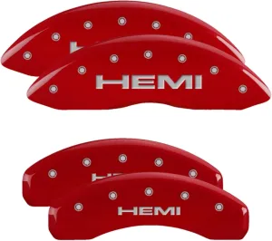 MGP Brake Caliper Covers for 2019-2025 RAM 1500 (Requires 18"  Wheels or Larger) Engraved HEMI Logo, Red Powder-Coated Finish, Aluminum Front and Rear Caliper Covers (Set of 4)