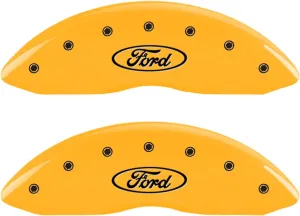 MGP Caliper Covers 10239SFRDYL Yellow Caliper Cover (Set of 4, Engraved Front and Rear: Oval logo/Ford, Yellow powder coat finish, black characters)