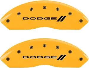 MGP Caliper Covers 12200SDD3YL Caliper Cover, Set of 4 (Yellow Engraved Front and Rear: with Stripes/Dodge Powder Coat Finish Black Characters)