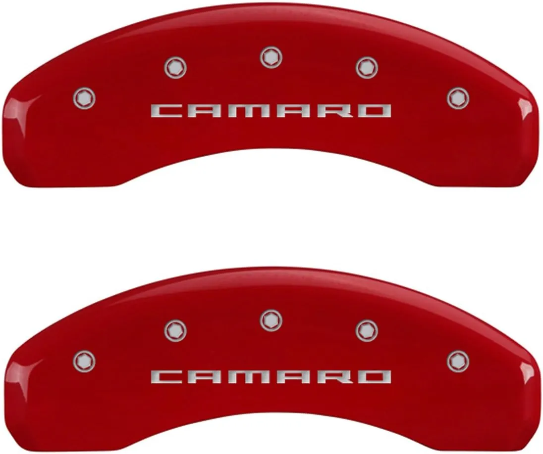 MGP Caliper Covers 14036SCA5RD Caliper Cover (Red Powder Coat Finish, Engraved Front and Rear: Gen 5/6 Camaro, Silver Characters, Set of 4)