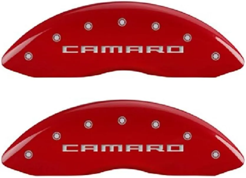MGP Caliper Covers - Brake Caliper Covers 2010-2015 Chevrolet Camaro (V6 RS Pkg) Front and Rear Set - Camaro Logo - Red