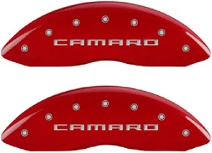 MGP Caliper Covers - Brake Caliper Covers 2010-2015 Chevrolet Camaro (V6 RS Pkg) Front and Rear Set - Camaro Logo - Red