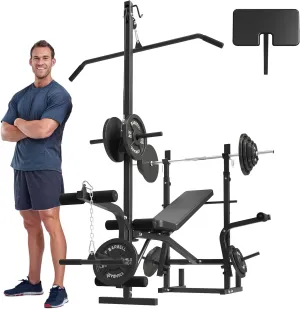 Mikolo 8 in 1 Olympic Weight Bench Set with Leg Extension and Leg Curl, Multi-Function Bench Press Set with Preacher Curl Pad and Chest Fly, Full-Body Strength Training Equipment