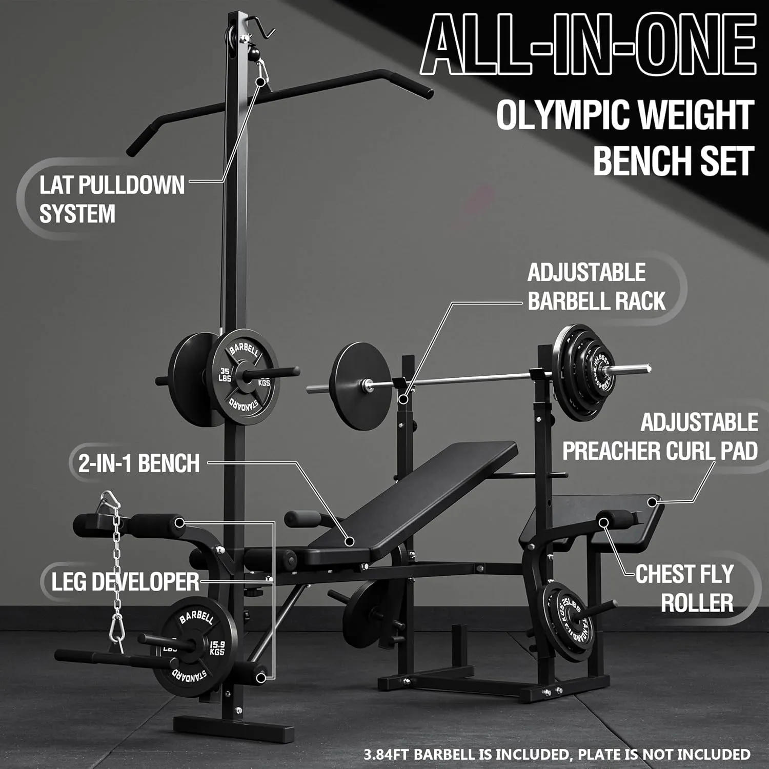 Mikolo 8 in 1 Olympic Weight Bench Set with Leg Extension and Leg Curl, Multi-Function Bench Press Set with Preacher Curl Pad and Chest Fly, Full-Body Strength Training Equipment