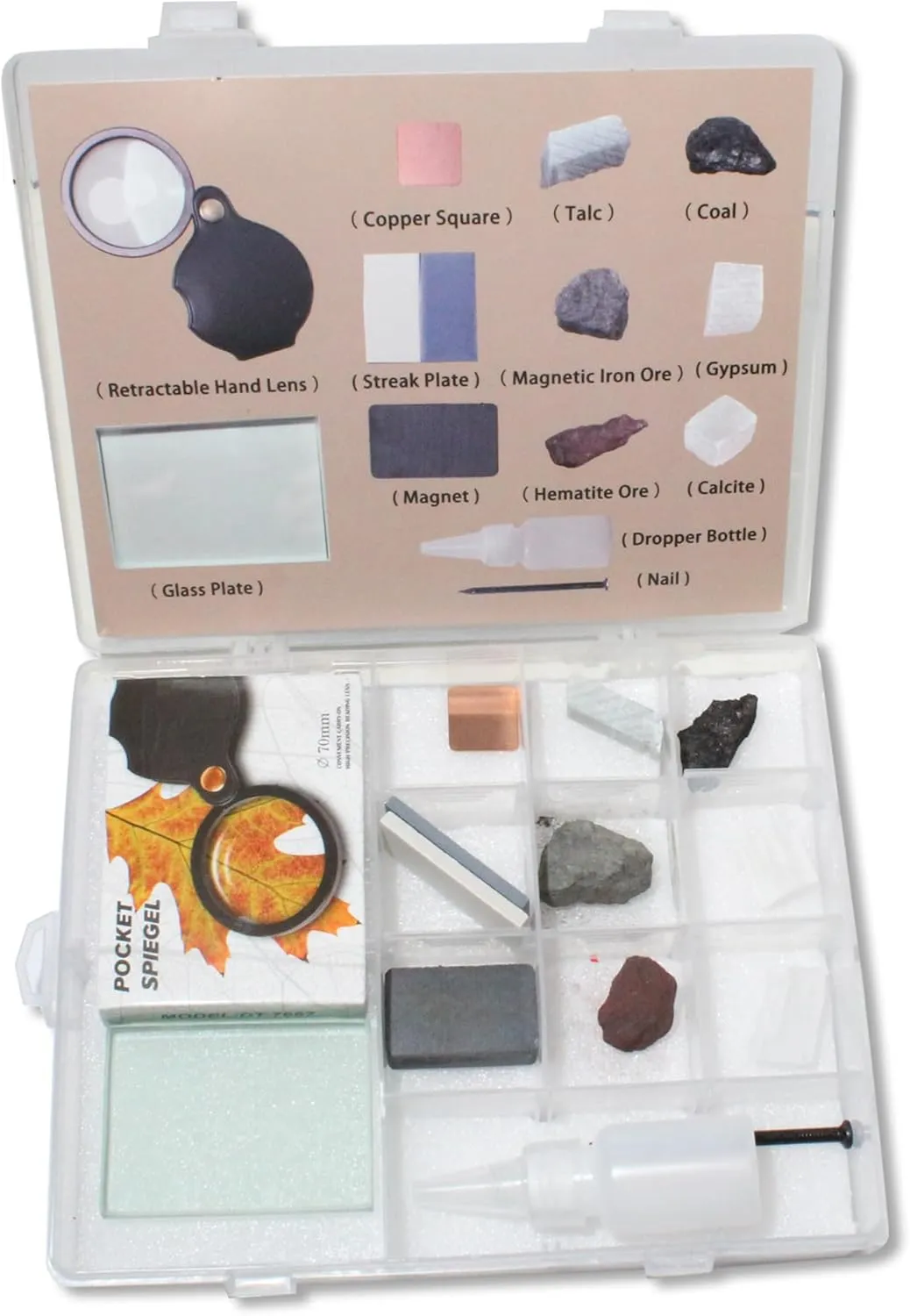 Mineral ID Kit - 13 Pieces - Includes Dropper Bottle, Streak Plate, Glass Plate, Magnet, Nail, Copper Sheet, Retractable Hand Lens, Rock and Mineral Geology Kit