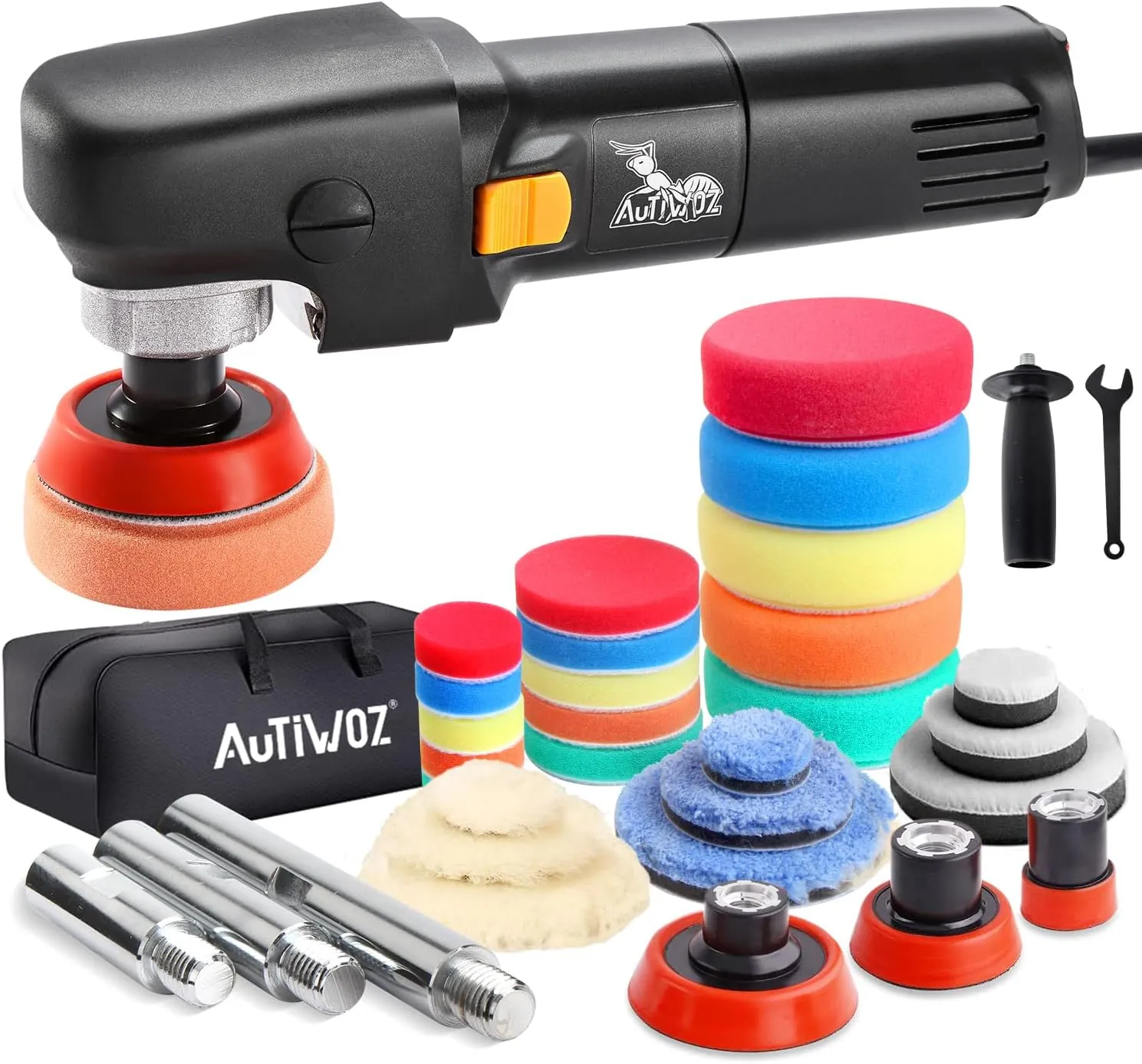 Mini Buffer Polisher, Car Polisher Waxer, 600W Rotary Polisher Machine with 33Pcs Polishing Kit, with 1" /2" /3" Base Pads M14 Thread Extension Shaft for Car Boat Sanding Polishing and Waxing
