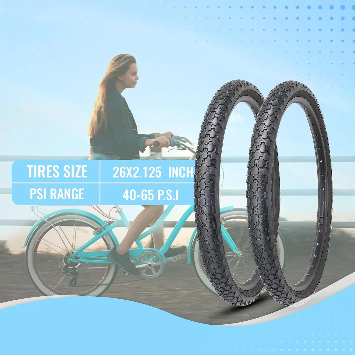 MOHEGIA Beach Cruiser Bike Tires Replacement Kit:24x2.125/26x2.125 Inch Folding Bicycle Tires,Inner Tubes and Tire Levers (2 Packs)