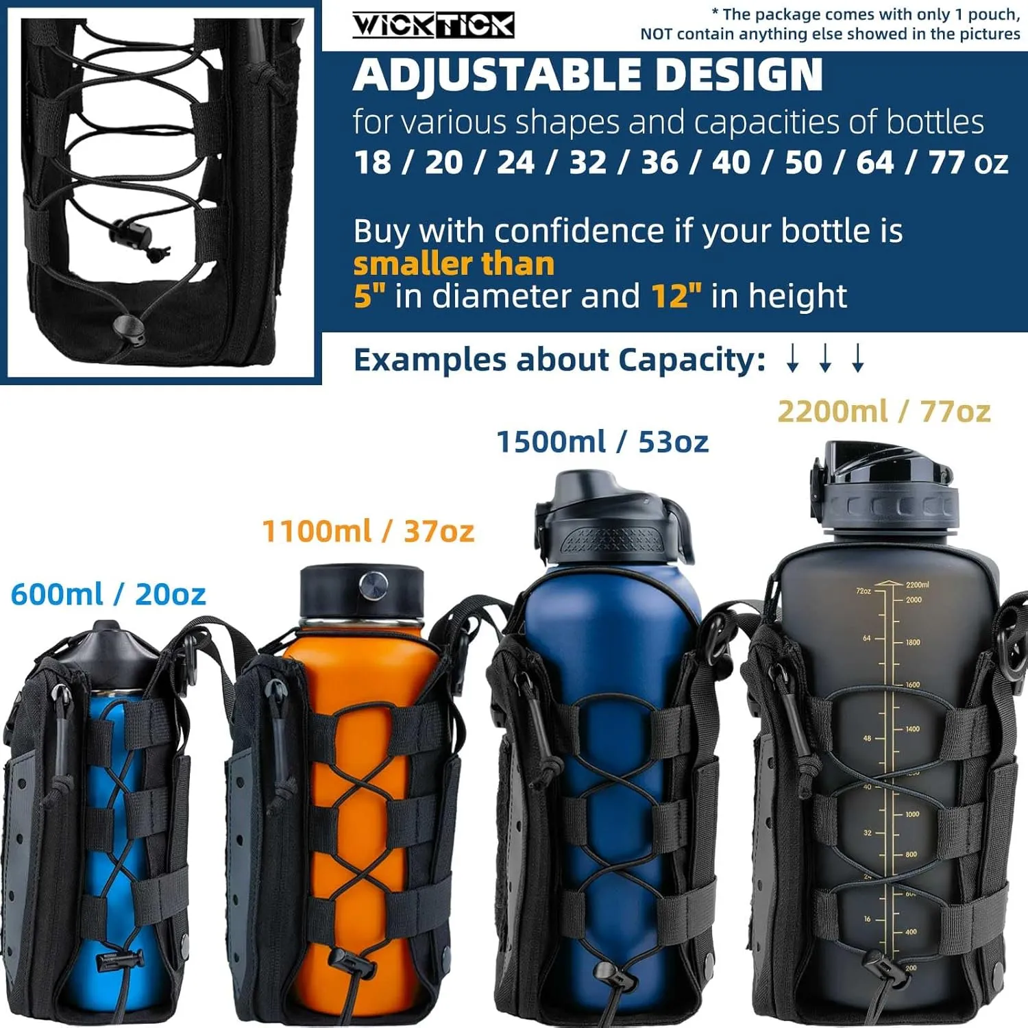 Molle Water Bottle Holder Pouch 16 24 32 40 64 oz - Multi-Purpose Tactical Fuel Bottle Bag, Adjustable Size for Outdoor Activities, Adapted to Backpack/Vest/Belt