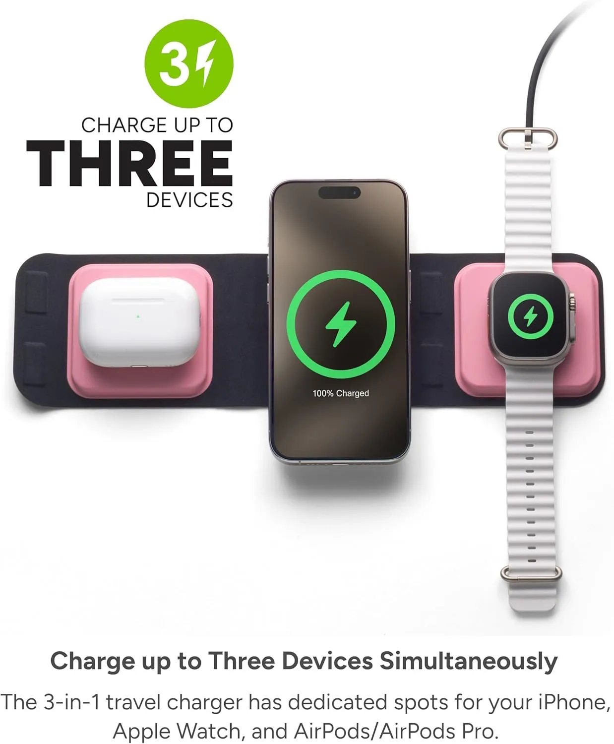 Mophie 3-in-1 Travel Charger with MagSafe - Portable Wireless Charging Hub, Compatible with iPhone 16/15/14/13/12 Series, Apple Watch Series 10 to 1 & Ultra, AirPods Pro/3rd Gen, Cherry Blossom Pink
