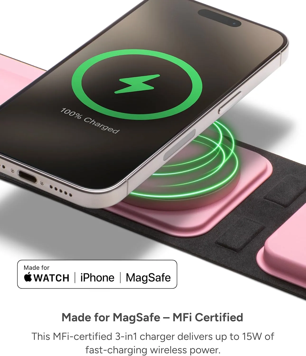 Mophie 3-in-1 Travel Charger with MagSafe - Portable Wireless Charging Hub, Compatible with iPhone 16/15/14/13/12 Series, Apple Watch Series 10 to 1 & Ultra, AirPods Pro/3rd Gen, Cherry Blossom Pink