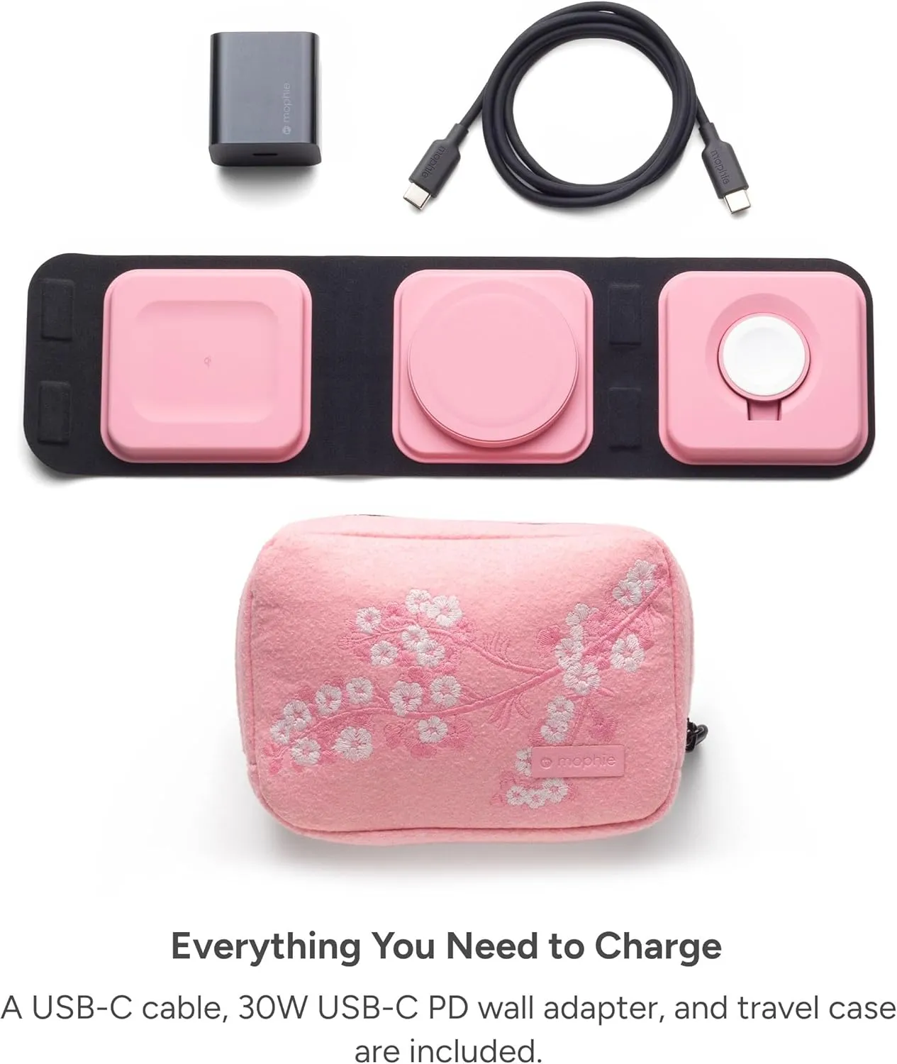 Mophie 3-in-1 Travel Charger with MagSafe - Portable Wireless Charging Hub, Compatible with iPhone 16/15/14/13/12 Series, Apple Watch Series 10 to 1 & Ultra, AirPods Pro/3rd Gen, Cherry Blossom Pink
