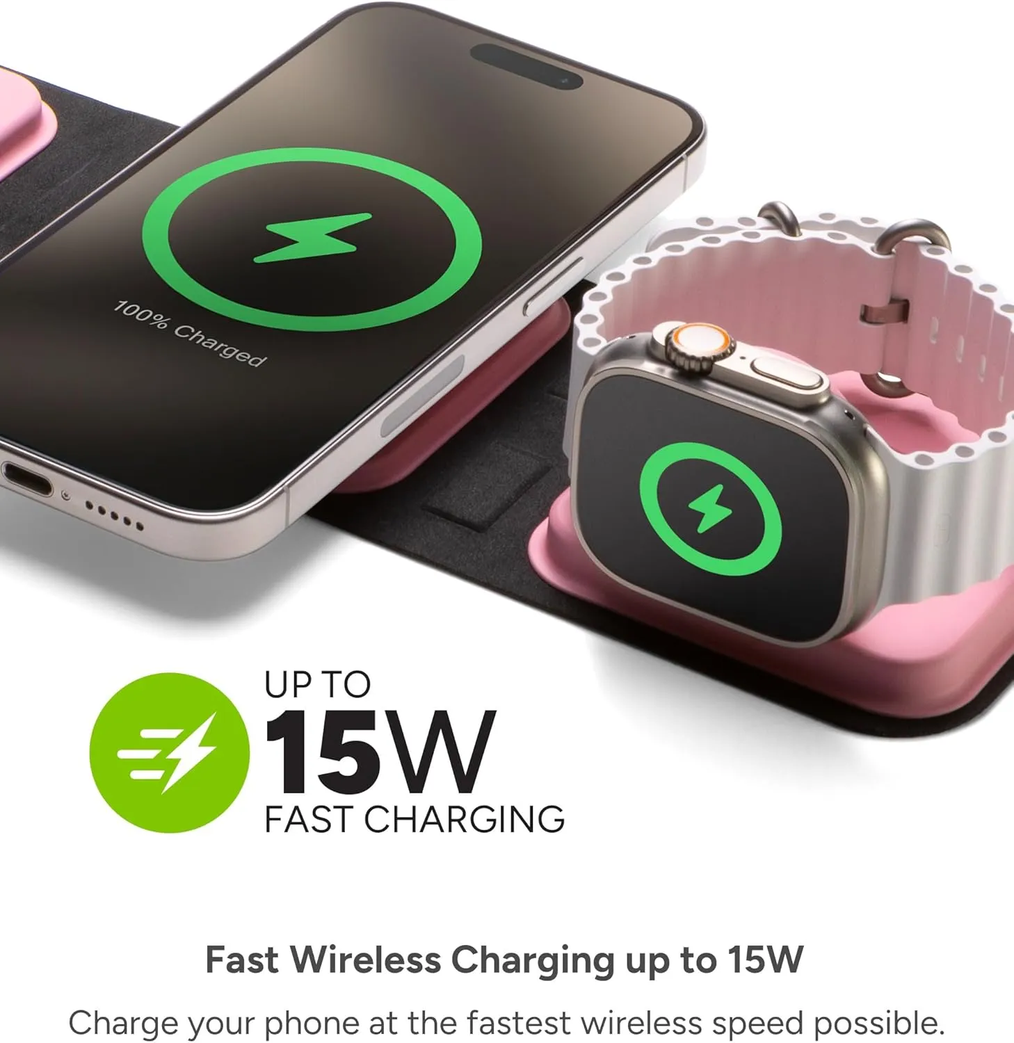 Mophie 3-in-1 Travel Charger with MagSafe - Portable Wireless Charging Hub, Compatible with iPhone 16/15/14/13/12 Series, Apple Watch Series 10 to 1 & Ultra, AirPods Pro/3rd Gen, Cherry Blossom Pink