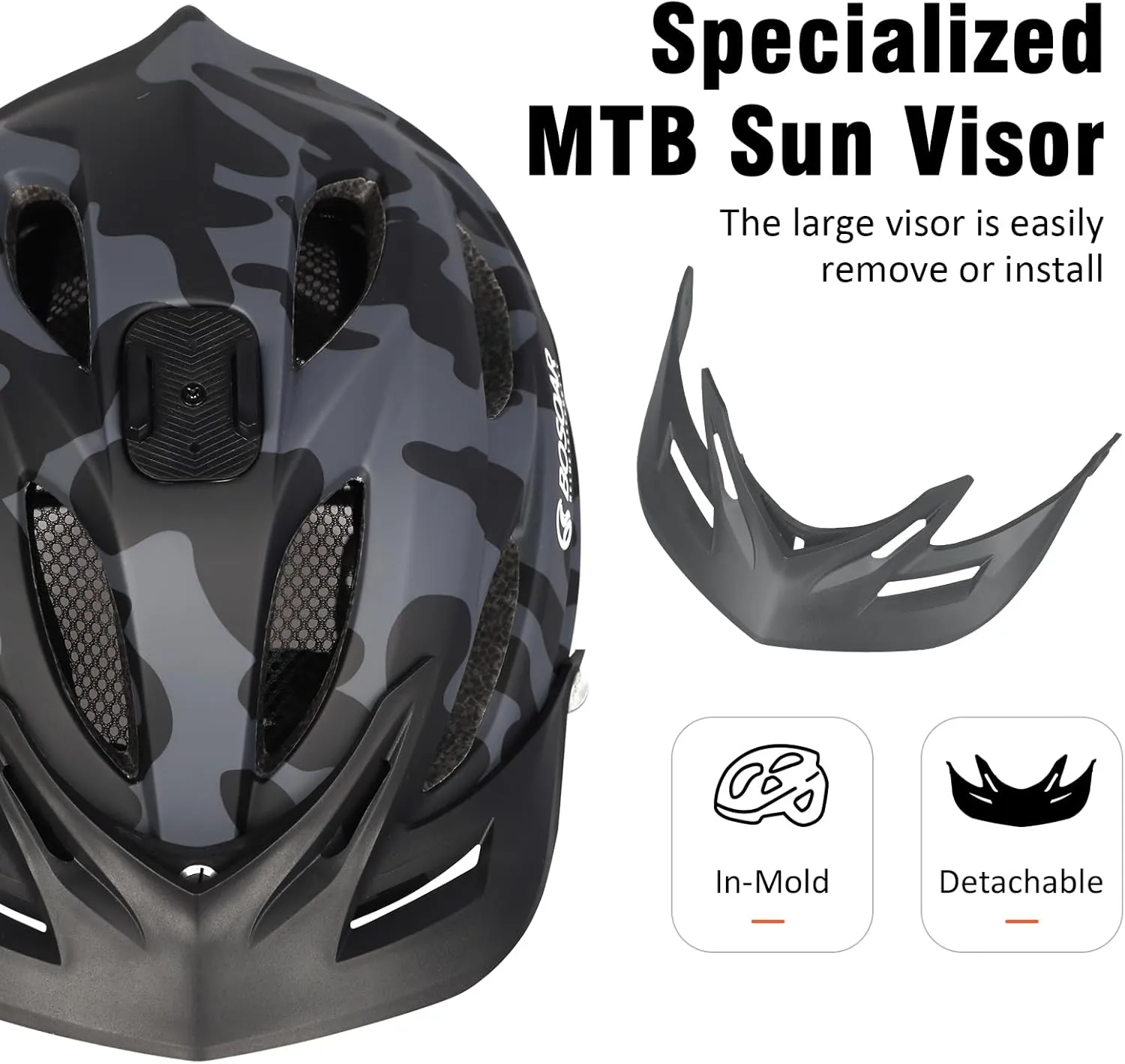 Mountain Bike Helmet,Adult Cycling Helmet with Camera Mount and Detachable Visor for Men Women Youth,Suggested Fit 55-61 Cm
