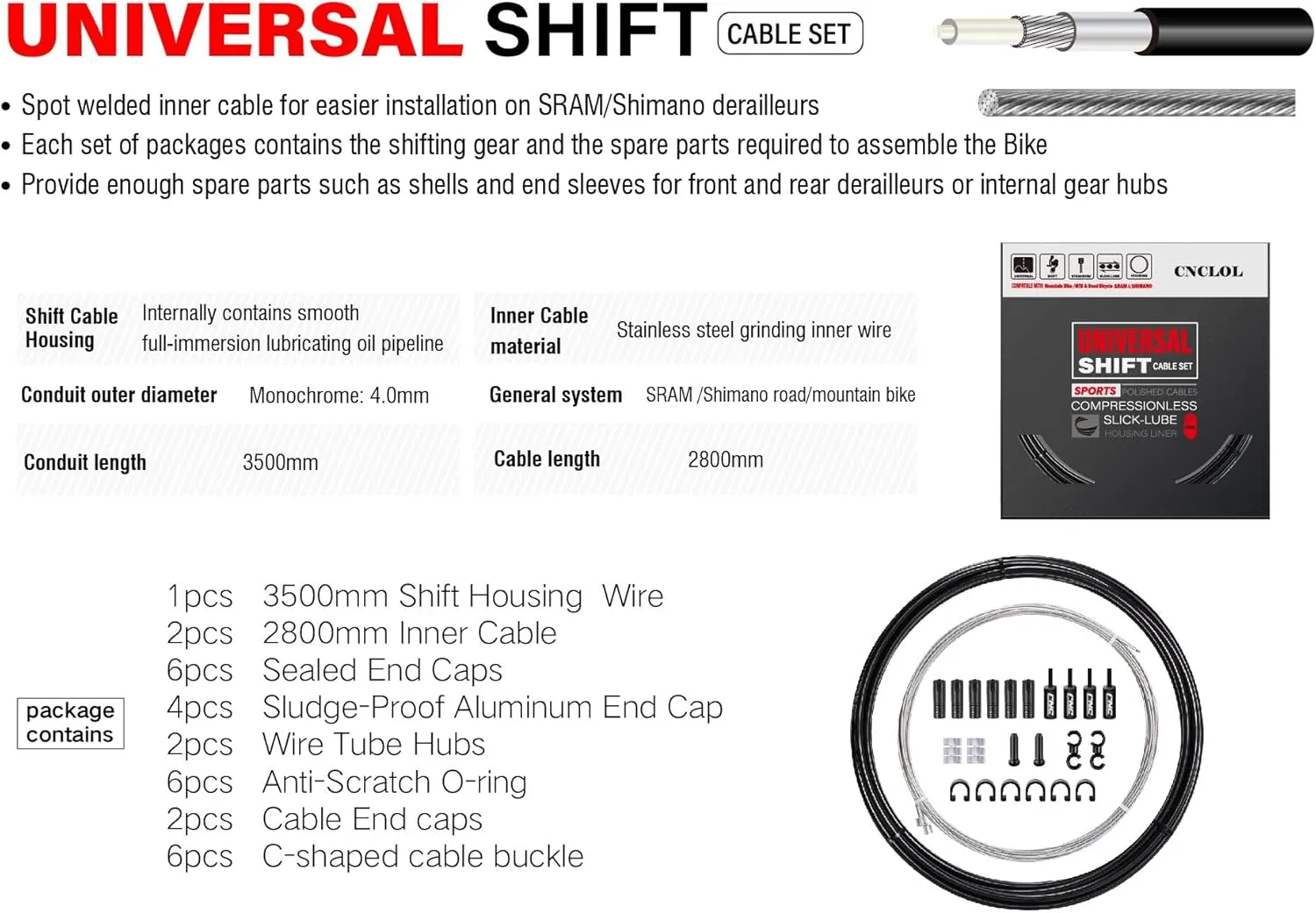 Mountain/Road Bike Shifter Cable Kit, Universal Derailleur Cable Set with Stainless Steel Wire Cutter-Bike Gear Cable 2.8m with 3.5m Oil Housing Kit for Bicycle/MTB/BMX/Road Bike.
