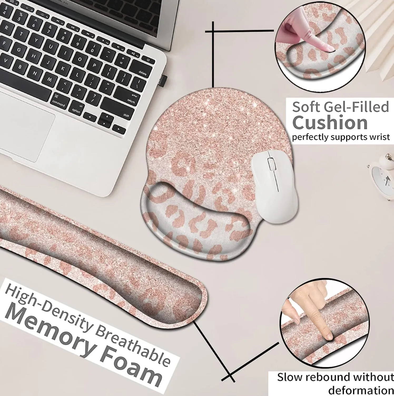 Mouse Pad with Wrist Support, Ergonomic Gel Mouse Pad, Non-Slip and Durable, Memory Foam Keyboard Wrist Rest, Suitable for Office Typing, Games, Desktop Decoration,Pink Leopard Star