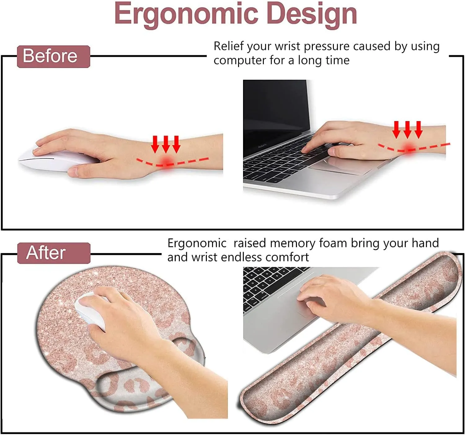 Mouse Pad with Wrist Support, Ergonomic Gel Mouse Pad, Non-Slip and Durable, Memory Foam Keyboard Wrist Rest, Suitable for Office Typing, Games, Desktop Decoration,Pink Leopard Star