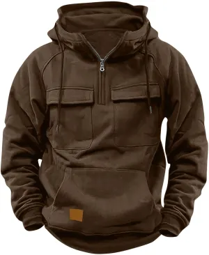 Muscularfit Causal Hoodies for Men 2025 Fashion Long Sleeve Tactical Cargo Sweatshirts Quarter Zipper Shirts Multi Pockets
