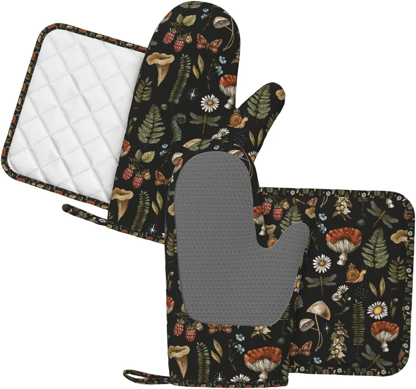 Mushroom Oven Mitts Pot Holders Set Silicone Vintage Magic Leaf Kitchen Gloves Potholders Heat Resistant for Chef Baking Cooking Grilling BBQ 4 Pack Mitt