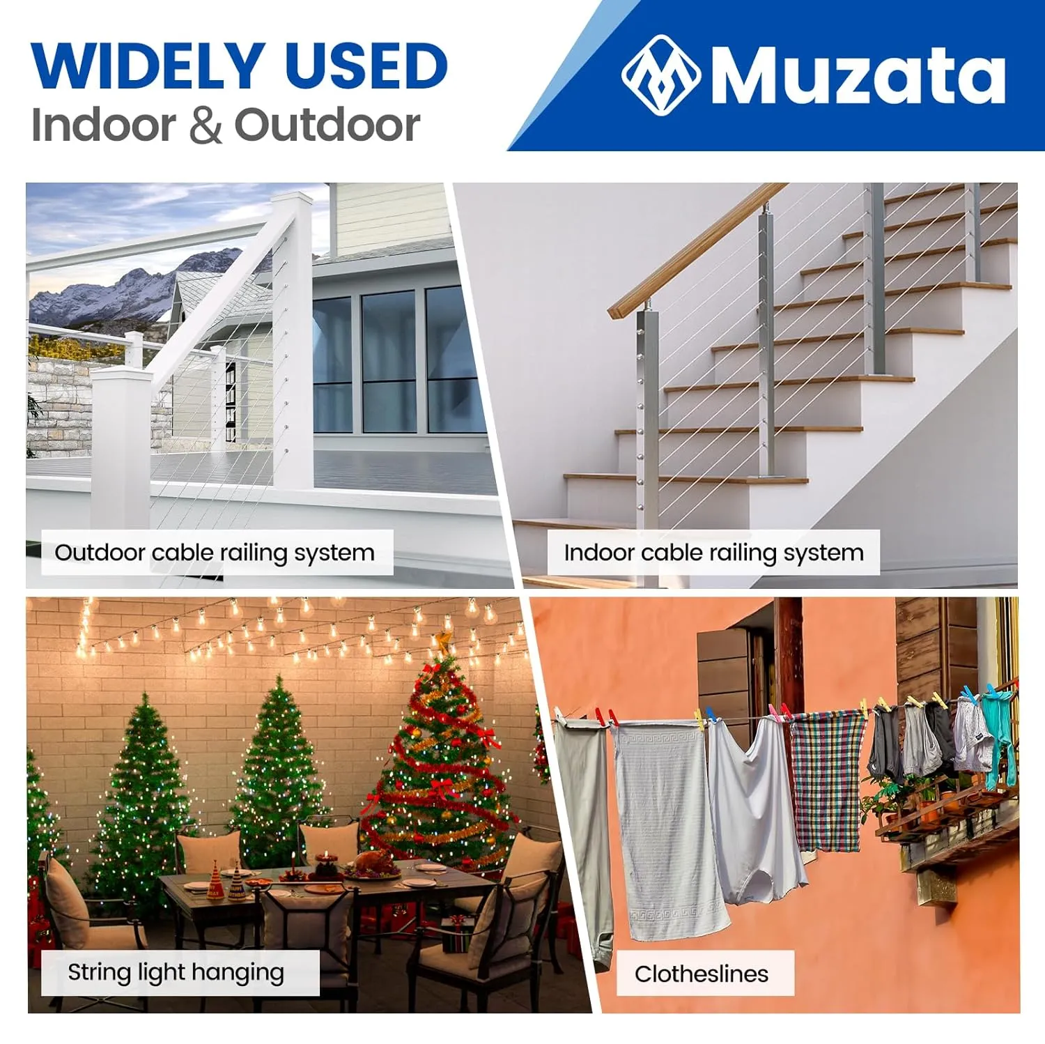 Muzata 1000 ft 1/8" Stainless Steel Cable Railing System Hardware T316 Stainless Steel Wire Rope 7x7 Strands 1800 lb Breaking Strength Deck Cable Railing Kit for Indoor Outdoor Coastal WR02