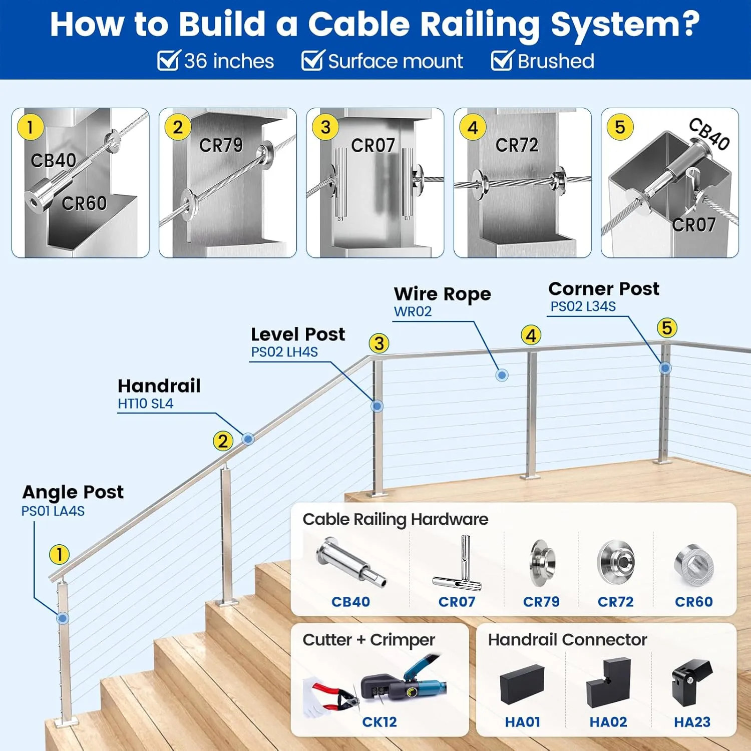 Muzata 1000 ft 1/8" Stainless Steel Cable Railing System Hardware T316 Stainless Steel Wire Rope 7x7 Strands 1800 lb Breaking Strength Deck Cable Railing Kit for Indoor Outdoor Coastal WR02