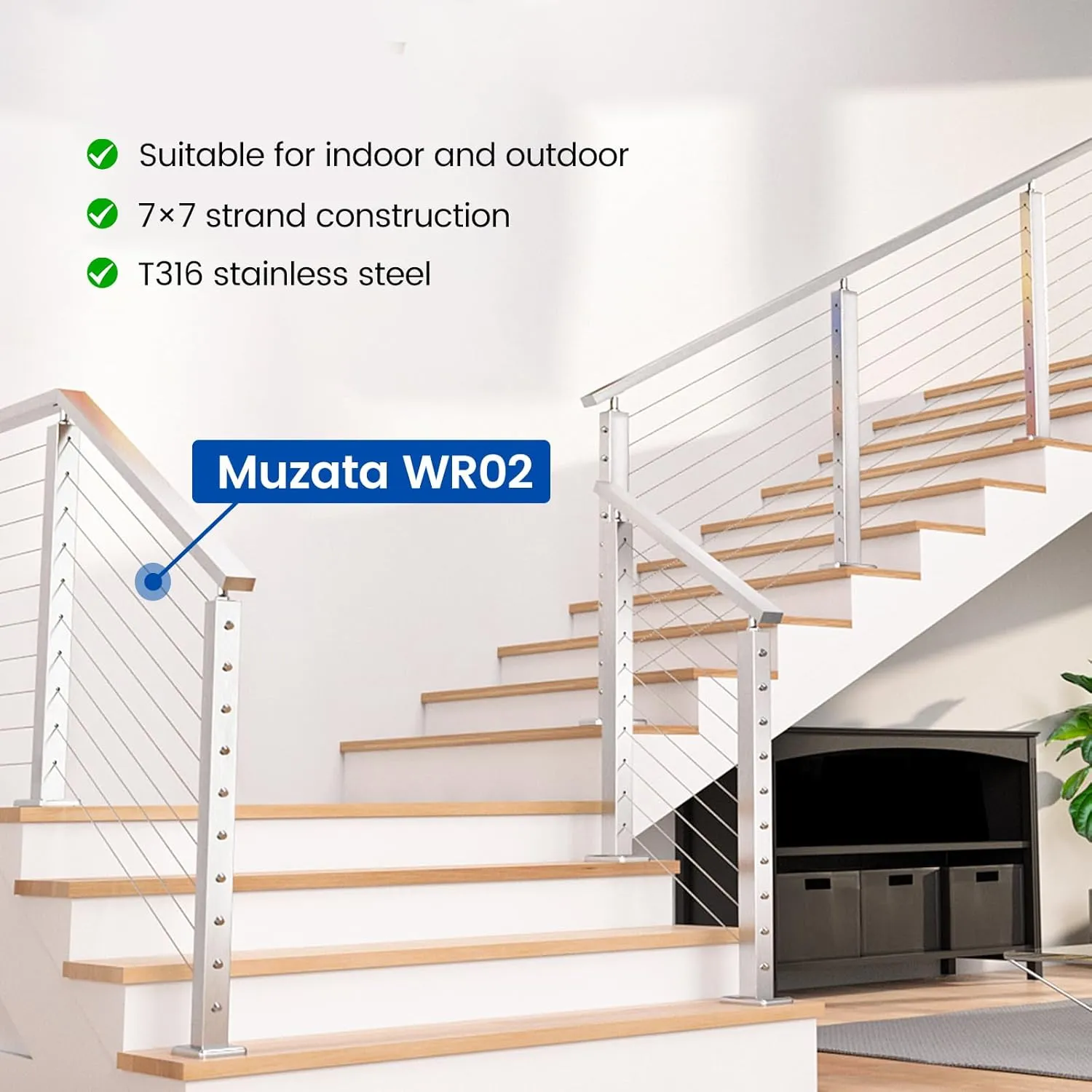 Muzata 1000 ft 1/8" Stainless Steel Cable Railing System Hardware T316 Stainless Steel Wire Rope 7x7 Strands 1800 lb Breaking Strength Deck Cable Railing Kit for Indoor Outdoor Coastal WR02