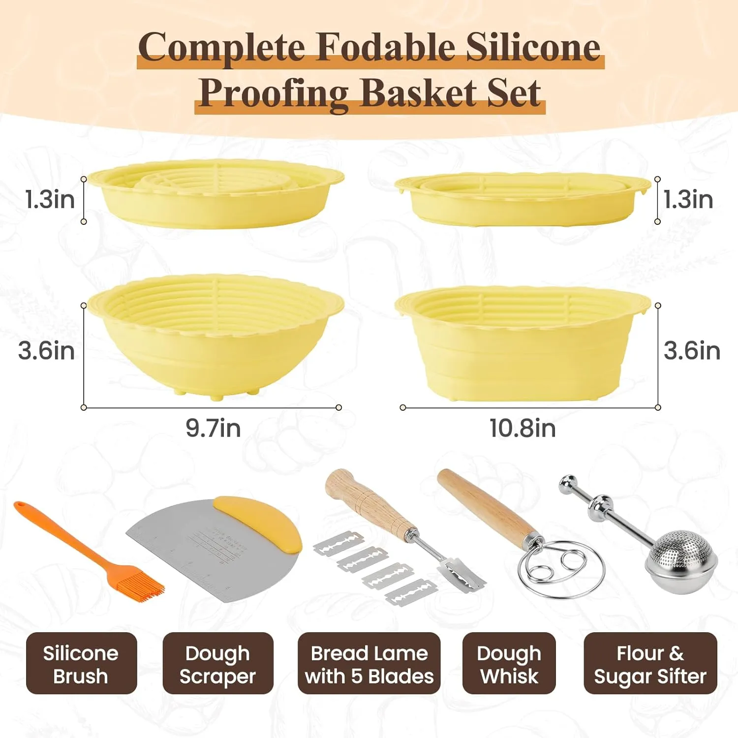 Neddie Upgraded Silicone Banneton Bread Proofing Basket, Sourdough Bread Baking Supplies Set of 2,9 Inch Round & 10 Inch Oval Foldable Sourdough Baking Baskets, Sourdough Starter Kit(Beige)