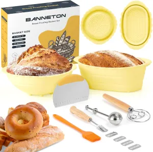 Neddie Upgraded Silicone Banneton Bread Proofing Basket, Sourdough Bread Baking Supplies Set of 2,9 Inch Round & 10 Inch Oval Foldable Sourdough Baking Baskets, Sourdough Starter Kit(Beige)