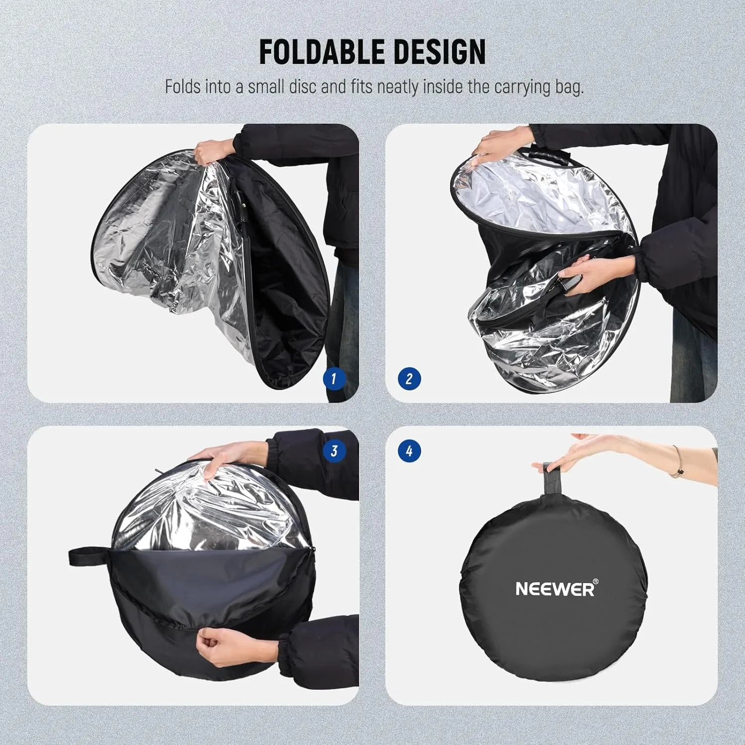 NEEWER 51"/130cm Light Reflector with Handle Grip & 3/8" Thread, 5 in 1 Foldable Disc Light Diffuser Translucent/Silver/Gold/White/Black for Photography Lighting, Outdoor Lighting, RF-130II