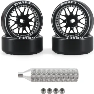 New Cool 4Pcs/Set 16 Spoke Rc Drift Wheels & Logo Drift Tires, [2N 2W] Aluminum Alloy Rims with Rc Drift Car Tires for 1/24 1/28 Kyosho Mini-Q HGD1 HGV1 Wltoys K969 K989 K929 AWD (Black)