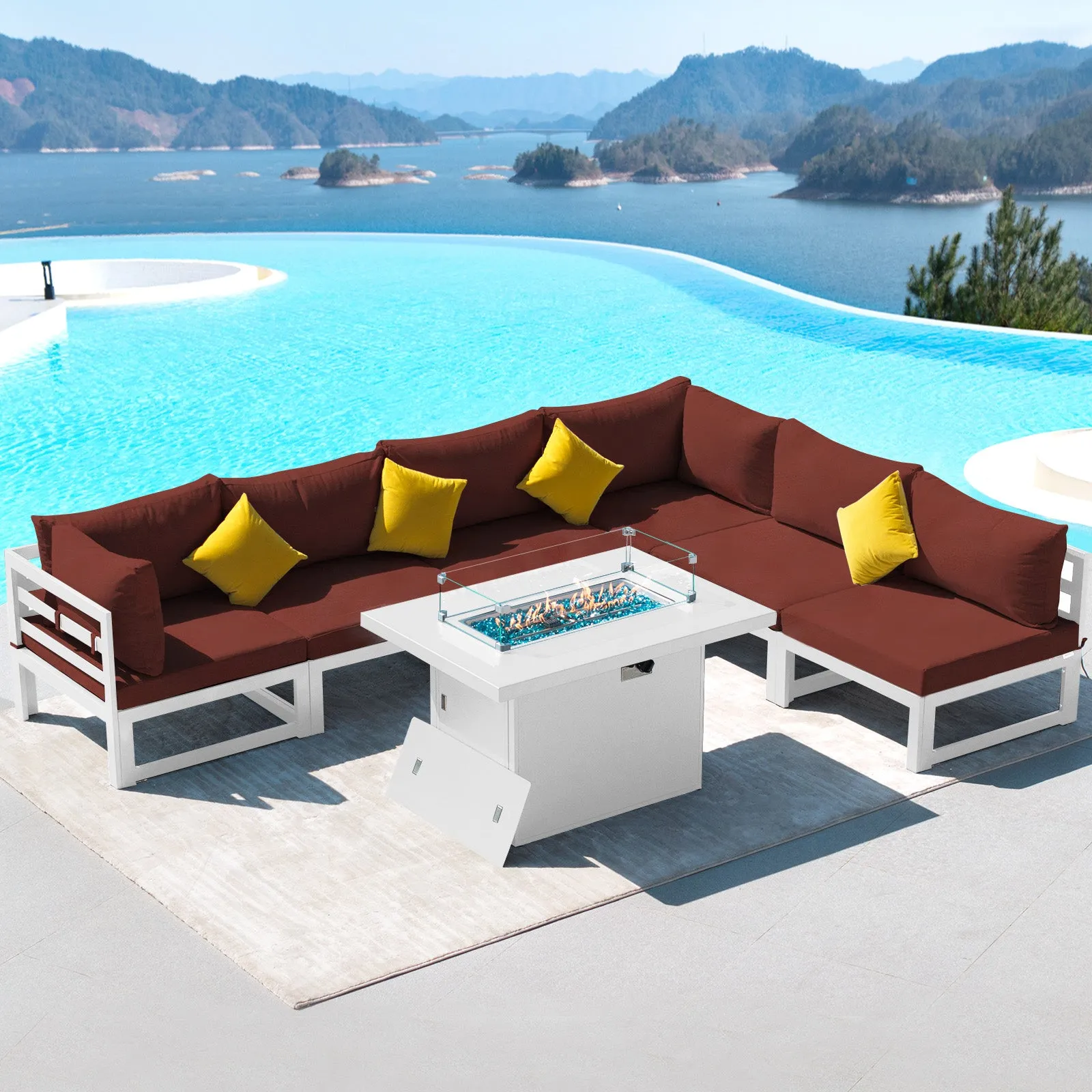 NICESOUL Aluminum Patio Sofa with Fire Pit 6 Seater 7-Piece
