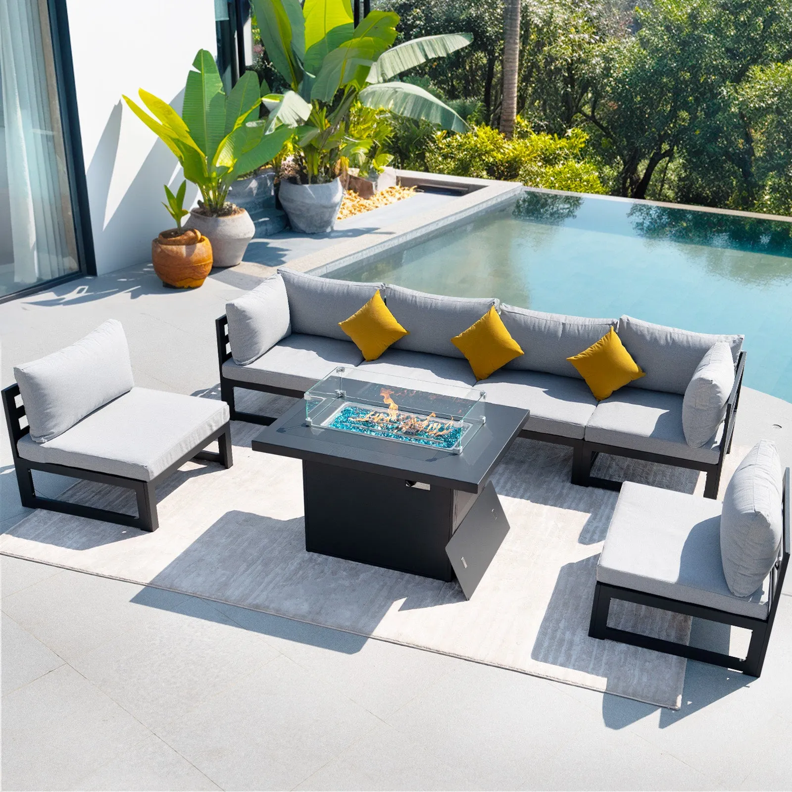 NICESOUL Aluminum Patio Sofa with Fire Pit 6 Seater 7-Piece